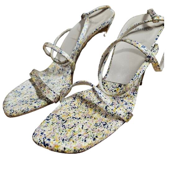 VERA WANG Strappy Ladies Silk Heels Splatter Design Size 7 - Picture 1 of 11